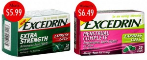Eine grüne Packung Schmerzmittel Excedrin für Männer, Preis $5.99 - eine pinke Packung Schmerzmittel Excedrin für Frauen, Preis $6.49