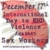Roter Regenschirm mit Aufschrift: December 17th International Day to END Violence Against Sex Workers - www.swopusa.org/dec17/index.html