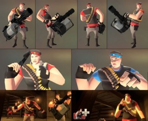 Eine muskulöse Frau mit Patronengürtel über der Schulter und großer automatischer Waffe in der Hand – mögliche Protagonistin als Heavy im Spiel Team Fortress 2