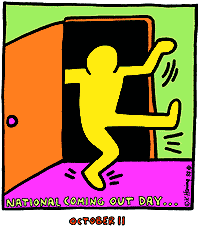 Ein grünes Strichmännchen, typisch für Keith Haring, tanzt durch eine Tür in einen Raum mit pinkem Boden und grünen Wänden. Darunter die Schrift: National Coming Out Day