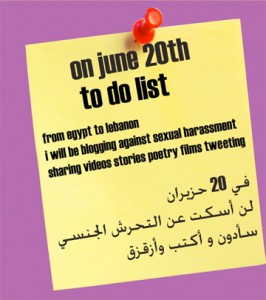 Gelber Post-It mit To-Do-Liste für den 20. Juni (auf Englisch und Arabisch) - Bloggen und Twittern gegen sexuelle Belästigung