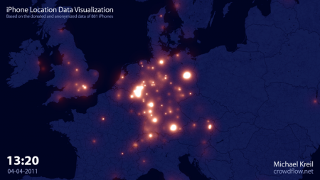 Blaue Karte von Europa mit roten Punkten, die 881 iPhones darstellen, die meisten in Deutschland, dort vor allem im Ruhrgebiet, Berlin, München und Hamburg.