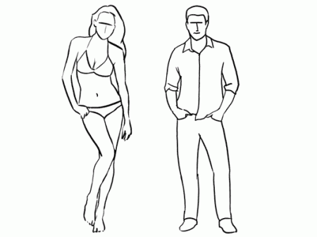 Eine gezeichnete Frau im Bikini, ein Bein etwas angewinkelt, die Hüfte schräg. Daneben ein gezeichneter Mann, die Beine etwas auseinander, die Hände in den Taschen.