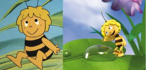 Zwei Bilder von Biene Maja, einmal eine Zeichnung aus dem alten Trickfilm, einmal eine Animation aus der neuen Serie, bei letzterem deutlich dünner
