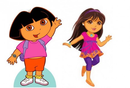 Zwei Bilder von "Dora the Explorer", einmal das alte Motiv eher kindlich und das neure Motiv deutlich dünner und jugendlicher